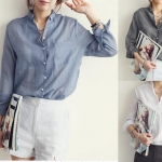 Fashion-Shirt-Women-2014-Ladies-Blue-Gray-White-Turn-Down-Collar-Long-Sleeve-with-Pocket-Linen